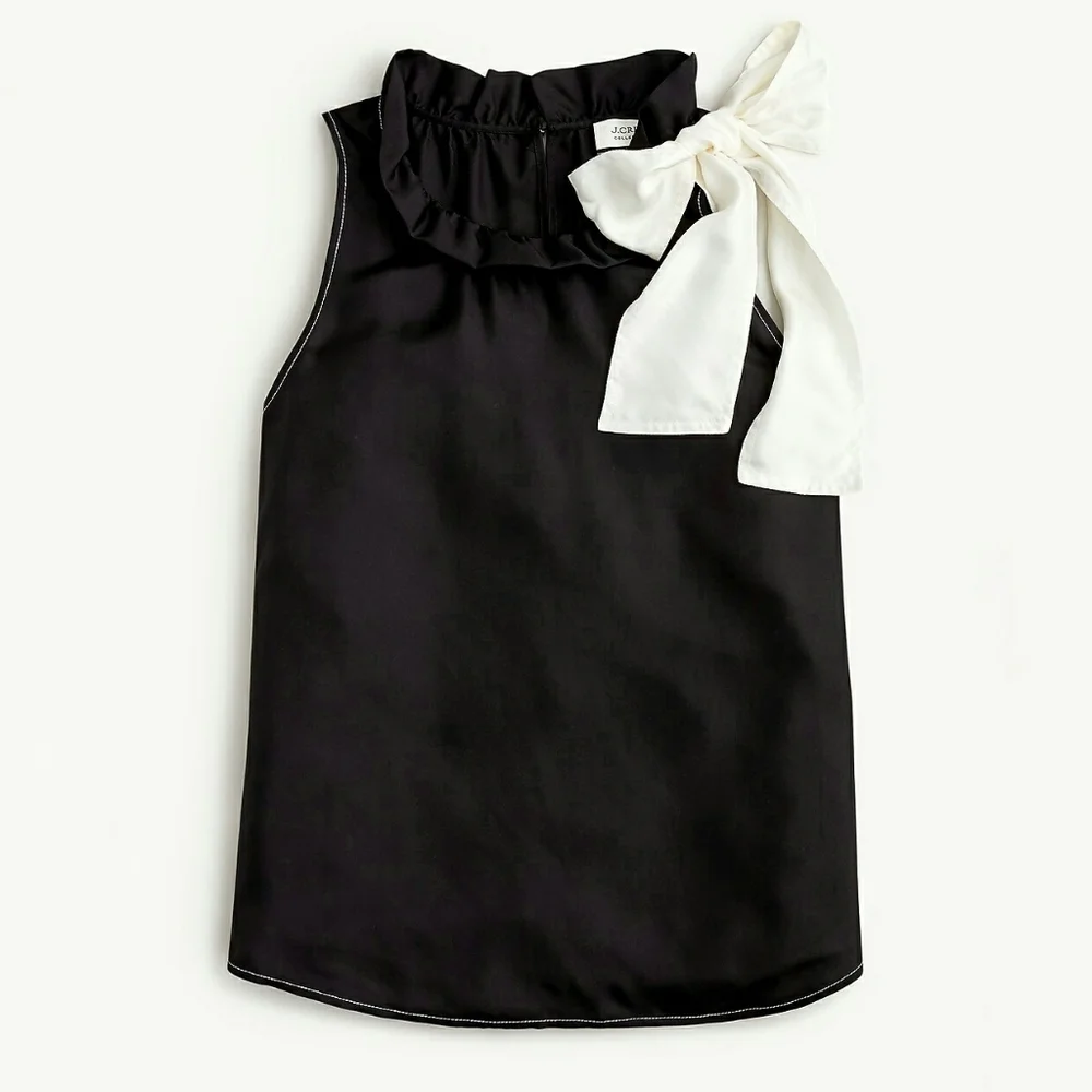 NWT J. Crew Collection XS Silk Twill Black Sleeveless Top with Fixed White Bow